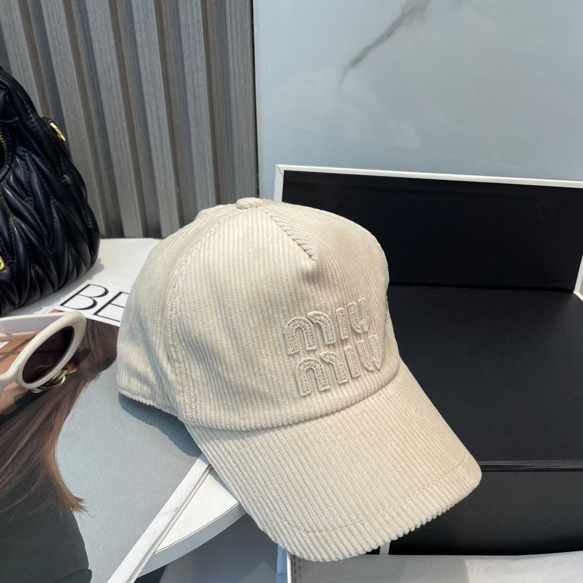 MIU MIU MM BASEBALL CAP IN CREAM WHITE VELVET