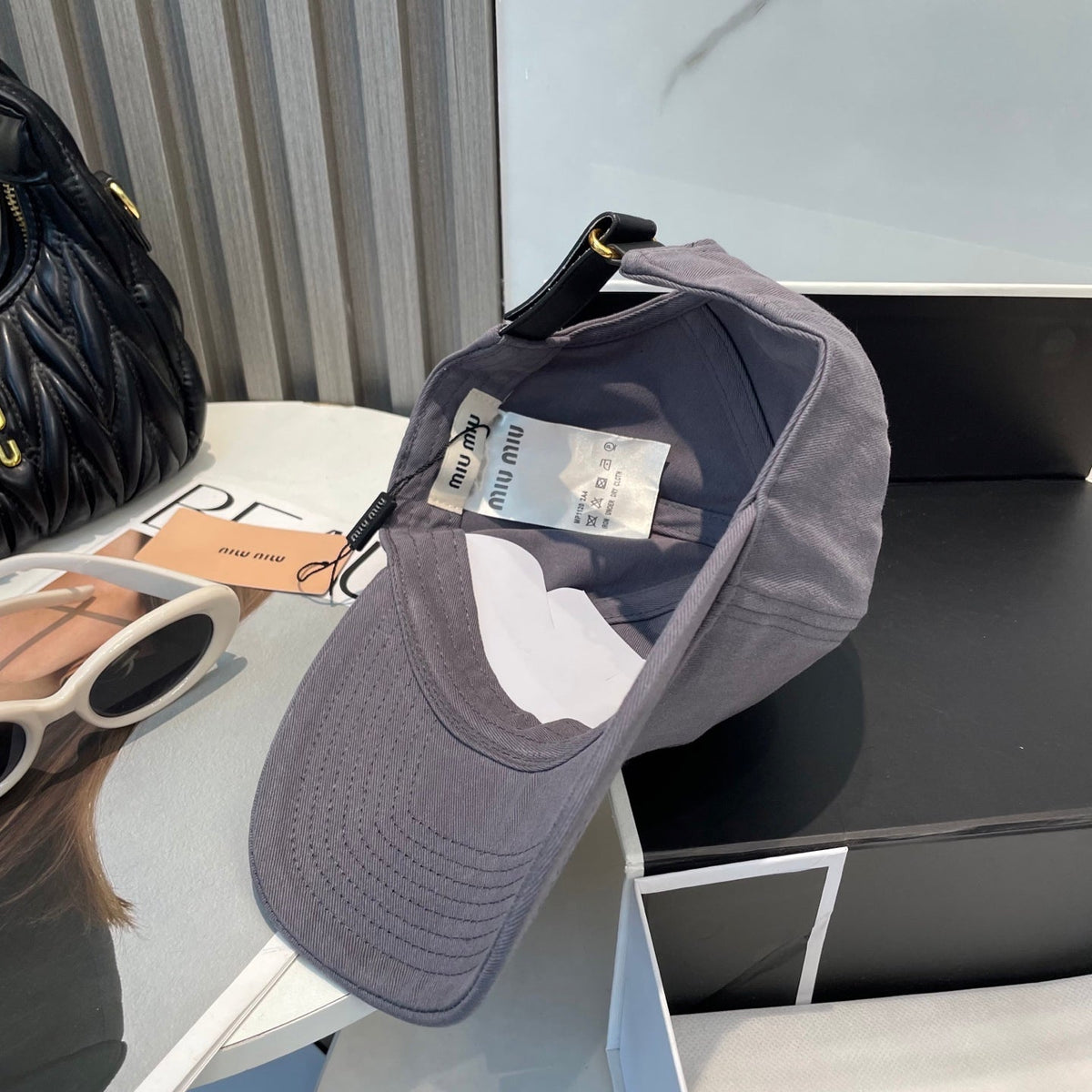 MIU MIU MM BASEBALL CAP IN GREY ORANGE FABRIC BRAND EMBROIDERY