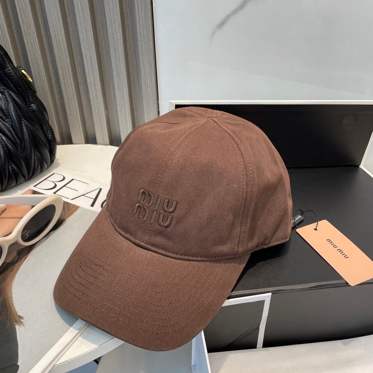 MIU MIU MM BASEBALL CAP IN BROWN ORANGE FABRIC BRAND EMBROIDERY