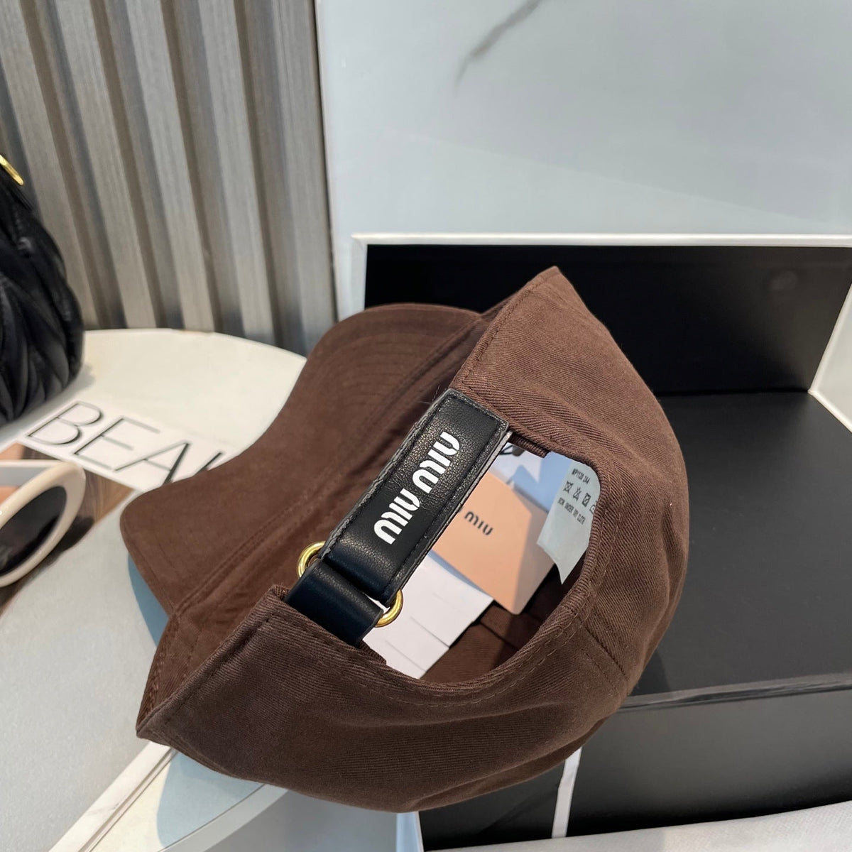 MIU MIU MM BASEBALL CAP IN BROWN ORANGE FABRIC BRAND EMBROIDERY