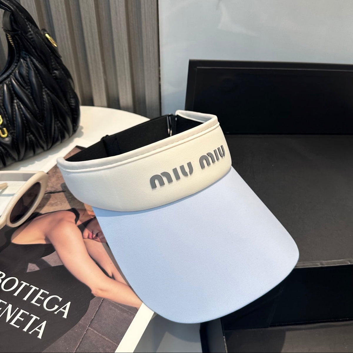 MIU MIU MM SPORT VISOR CAP IN PASTEL BLUE MIX WHITE FABRIC