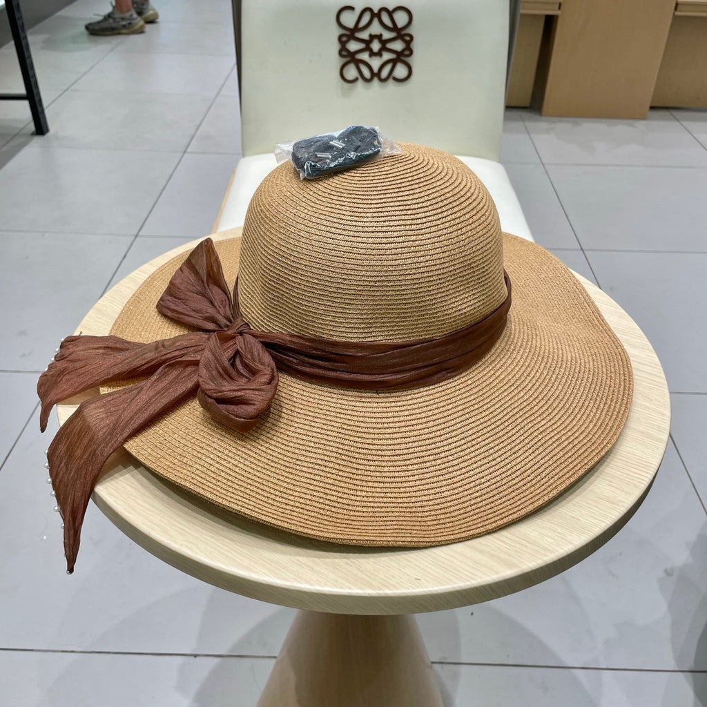 MIU MIU MM WIDE-BRIM BEACH HAT IN BEIGE WITH FABRIC BOW