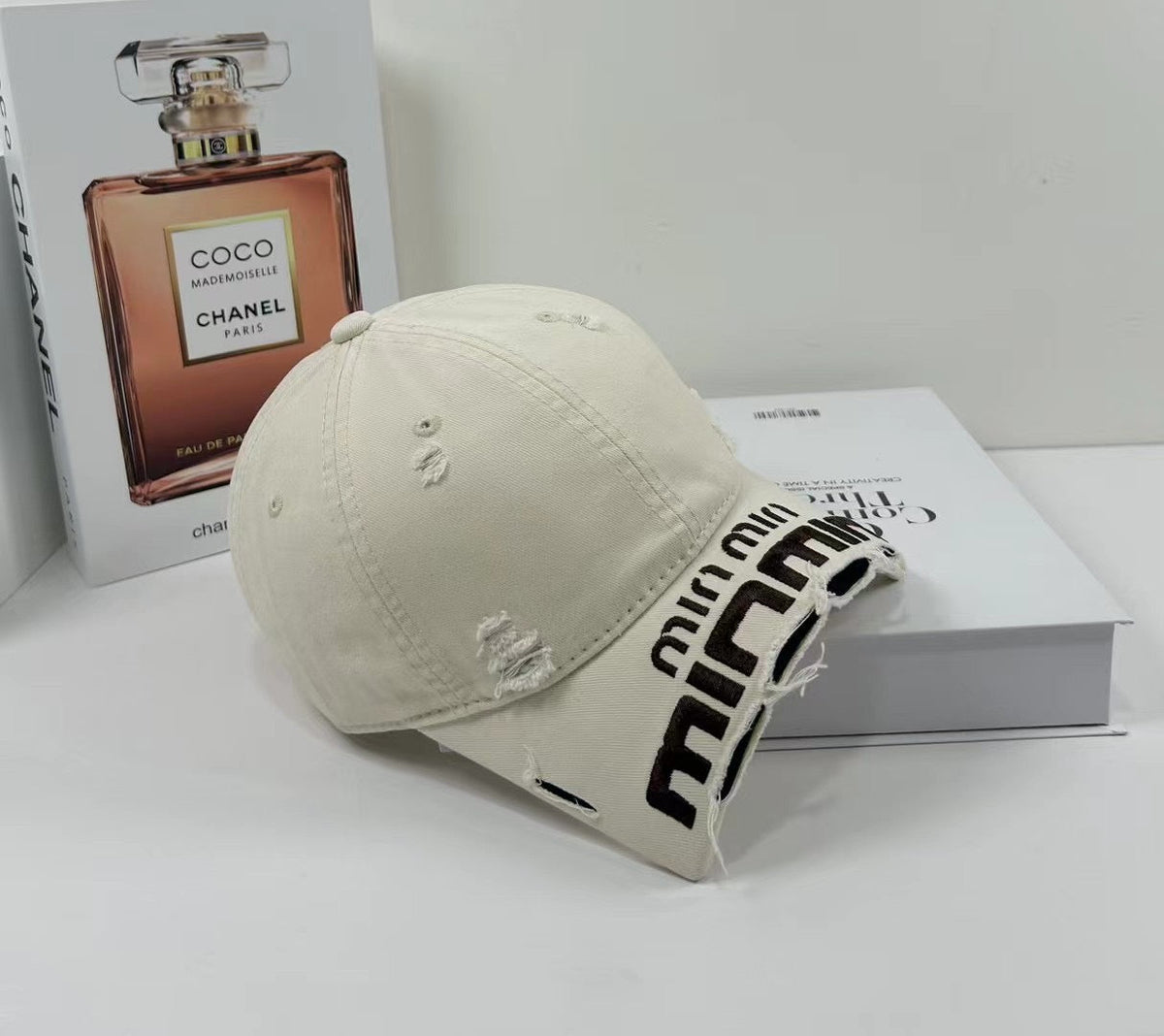 MIU MIU MM DISTRESSED EMBROIDERED BASEBALL CAP DENIM