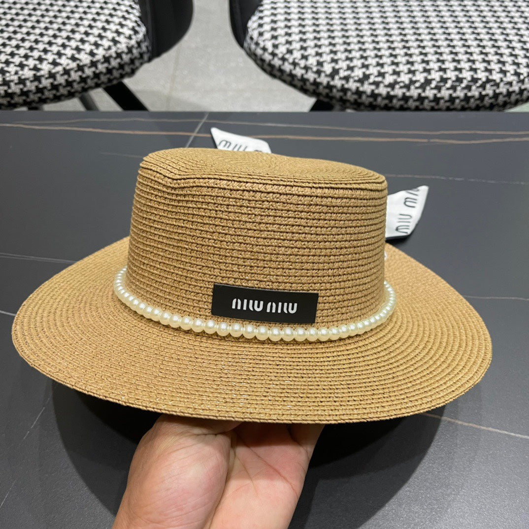 MIU MIU MM SMALL-BRIM STRAW HAT IN BEIGE AND PEARL EMBELLISHED