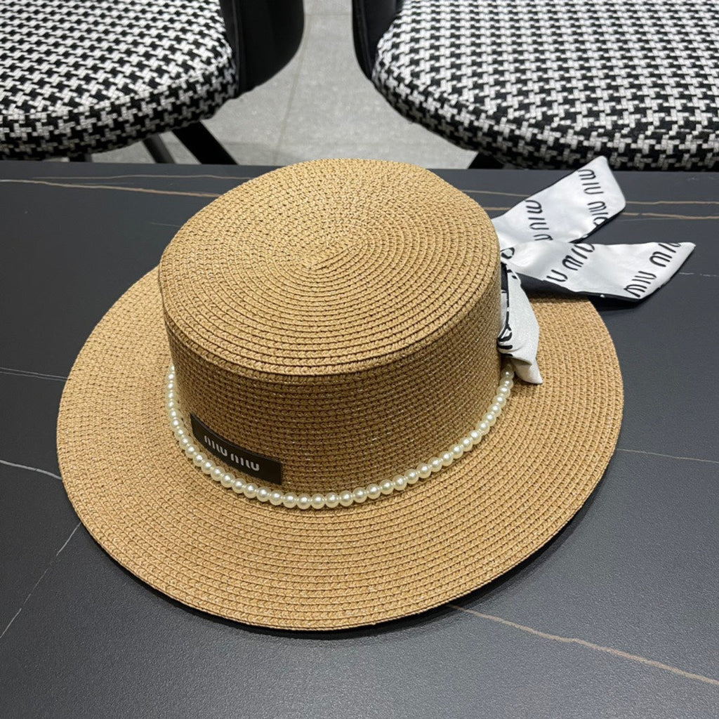 MIU MIU MM SMALL-BRIM STRAW HAT IN BEIGE AND PEARL EMBELLISHED