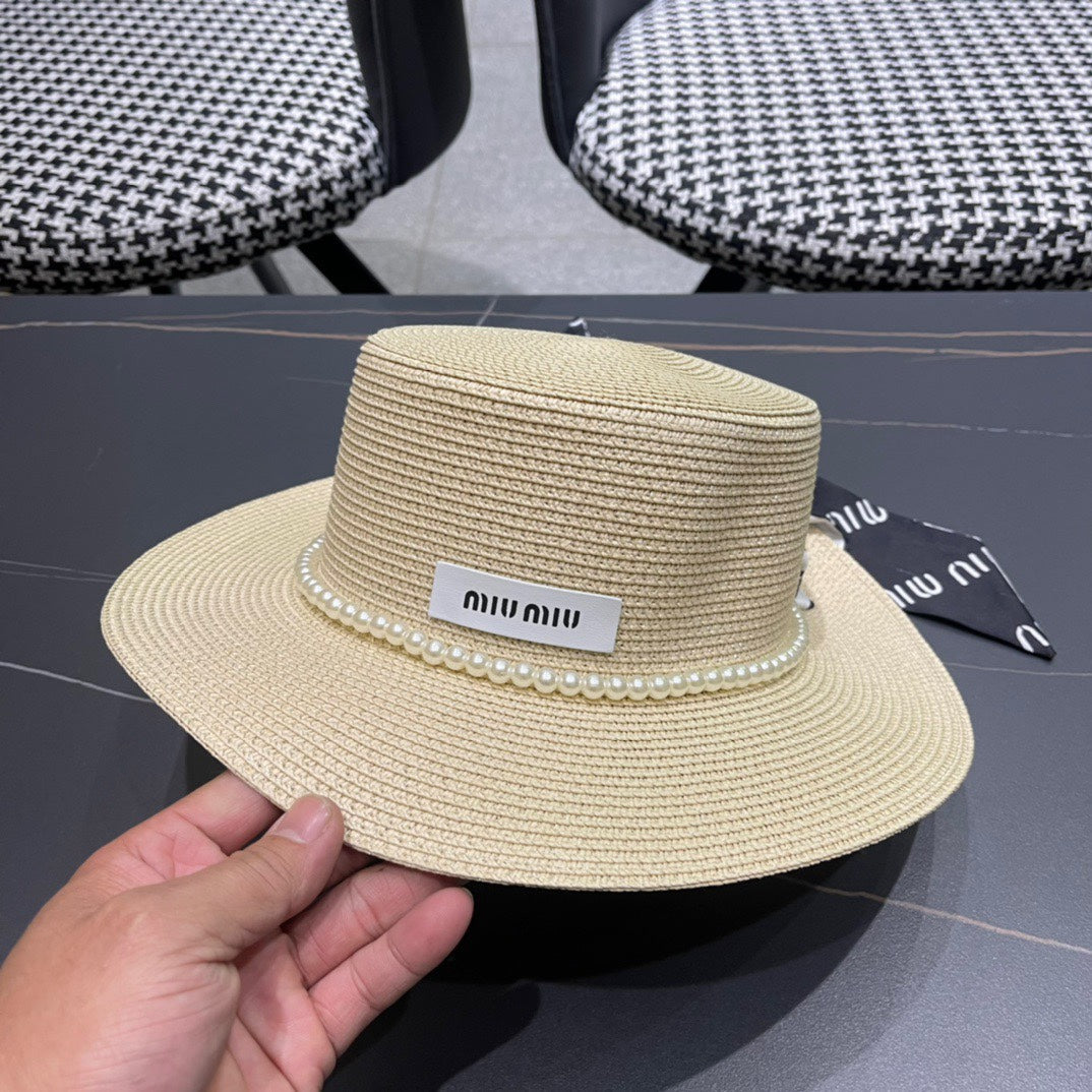 MIU MIU MM SMALL-BRIM STRAW HAT IN LIGHT BEIGE AND PEARL EMBELLISHED