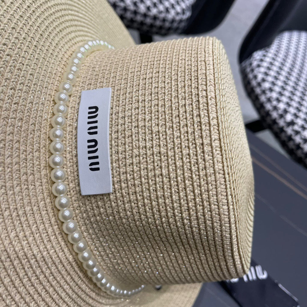 MIU MIU MM SMALL-BRIM STRAW HAT IN LIGHT BEIGE AND PEARL EMBELLISHED